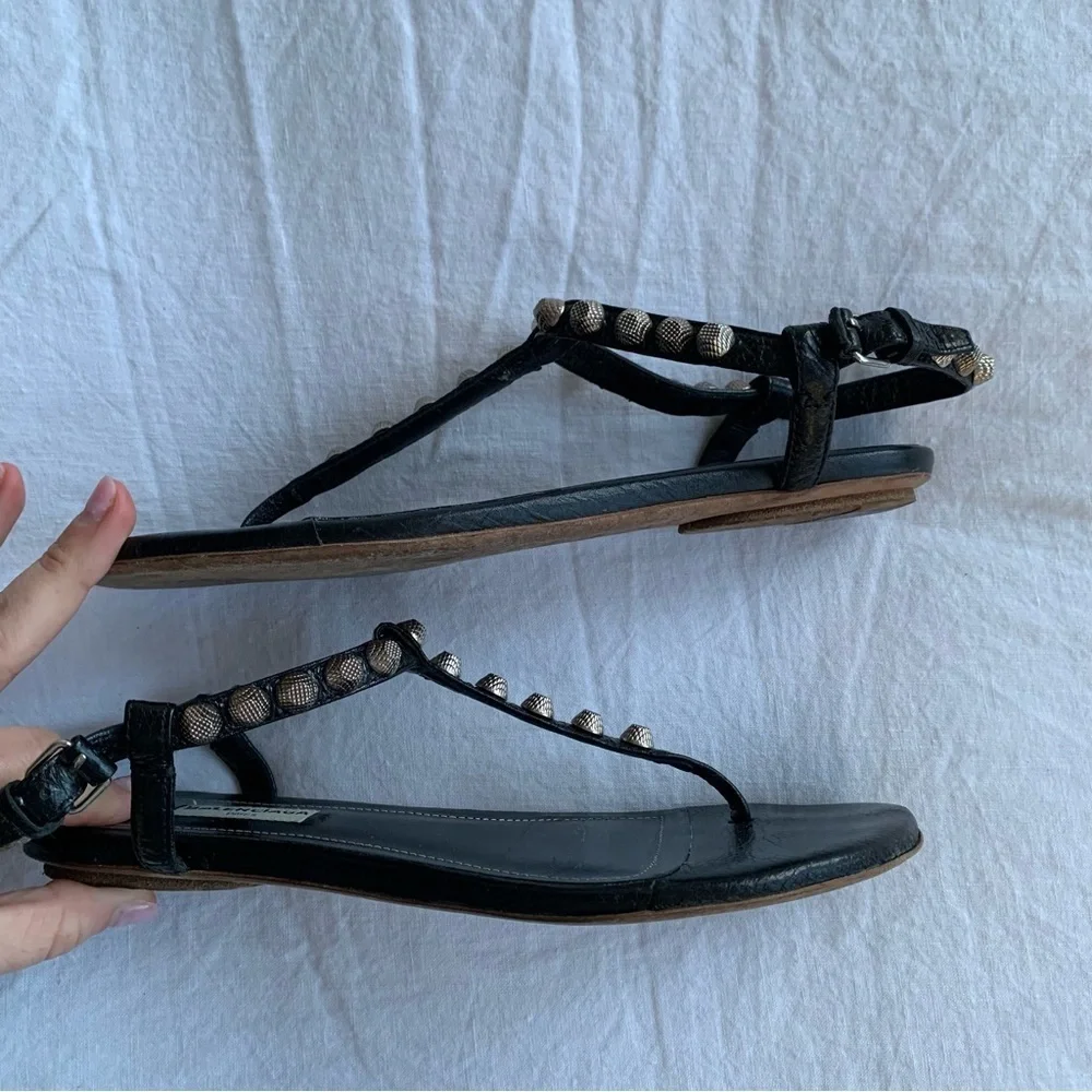 Vintage Balenciaga Arena Silver Stud Leather Thong T Sandals Black